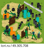 Paintball Match Isometric Illustration. Paintball match with teams of players obstacles and heap of tires on game field isometric vector illustration. Стоковая иллюстрация, агентство Ingram Publishing / Фотобанк Лори
