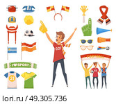 Fan Male Character Accessories Icon Set. Colored and isolated fan rooter buff male character accessories with tools to cheer for your favorite team vector illustration. Стоковая иллюстрация, агентство Ingram Publishing / Фотобанк Лори