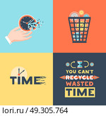 Wasted Time 4 Flat Icons Square . Wasted time concept 4 flat icons square  with useless activities  trash basket and clock symbols vector illustration . Стоковая иллюстрация, агентство Ingram Publishing / Фотобанк Лори