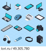Isometric Wireless Mobile Devices. Isometric set of wireless mobile devices with smartphone notebook headphones usb tablet printer mouse modem icons isolated vector illustration. Стоковая иллюстрация, агентство Ingram Publishing / Фотобанк Лори