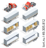 Truck Isometric Icon Set. Colored and realistic truck isometric icon set with truck carrying loads and several types of trailers vector illustration. Стоковая иллюстрация, агентство Ingram Publishing / Фотобанк Лори