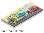 Isometric Parking Composition. Colored isometric parking composition tow truck working on the roadside and evacuate a parked car vector illustration. Стоковая иллюстрация, агентство Ingram Publishing / Фотобанк Лори