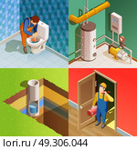 Plumber 4 Colorful Isometric icons Square . Plumber fixing problem concept 4 colorful isometric icons square with unclogging toilet with plunger isolated vector illustration  . Стоковая иллюстрация, агентство Ingram Publishing / Фотобанк Лори