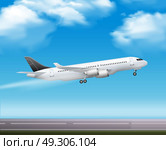 Passenger Airliner Takeoff  Realistic Poster. Large modern passenger airliner jet takeoff realistic air transportation services advertisement poster blue sky background vector illustration  . Стоковая иллюстрация, агентство Ingram Publishing / Фотобанк Лори