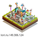 Store Buiding Island Isometric Concept. Island city isometric concept with numerous store buildings on white background vector illustration. Стоковая иллюстрация, агентство Ingram Publishing / Фотобанк Лори