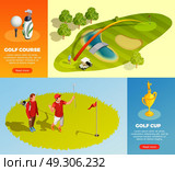 Golf Isometric Horizontal Banners. Golf isometric horizontal banners with decorative elements showing playing golfers tournament cup golf course vector illustration . Стоковая иллюстрация, агентство Ingram Publishing / Фотобанк Лори