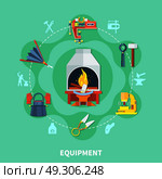 Blacksmiths Tools Icons Composition. Blacksmith equipment composition with flat colorful icons of forging furnace scissors hammers vise and smiths uniform vector illustration. Стоковая иллюстрация, агентство Ingram Publishing / Фотобанк Лори