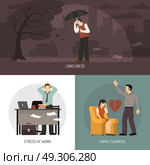 Depression 2x2 Design Concept . Depression 2x2 design concept with loneliness stress at work and family scandal compositions flat vector illustration   . Стоковая иллюстрация, агентство Ingram Publishing / Фотобанк Лори
