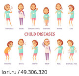 Infantile Diseases Symptoms Set. Isolated characters set with cartoon girl anxious for different child disease symptoms with appropriate text captions vector illustration. Стоковая иллюстрация, агентство Ingram Publishing / Фотобанк Лори