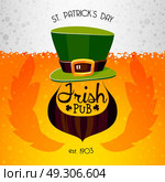 Isish Pub Poster.  Irish pub st patricks day celebration poster with green hat and beard on beer background flat vector illustration . Стоковая иллюстрация, агентство Ingram Publishing / Фотобанк Лори