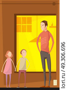 Father Abusing Children Composition. Adults abuse children indoor composition with flat characters of teenager siblings having quarrel with their father vector illustration. Стоковая иллюстрация, агентство Ingram Publishing / Фотобанк Лори