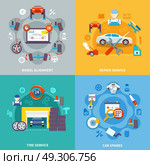 Auto Service 2x2 Design Concept. Auto service 2x2 design concept with tire service wheel alignment repair service  and car spares compositions flat vector illustration  . Стоковая иллюстрация, агентство Ingram Publishing / Фотобанк Лори