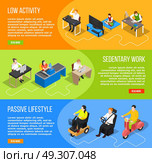 Inactive Life Horizontal Banners. Set of three sedentary lifestyle isometric banners with images of people editable text and read more button vector illustration. Стоковая иллюстрация, агентство Ingram Publishing / Фотобанк Лори