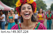 A close-up of a woman face adorned with a traditional Mexican floral crown, her expression filled with pride as she dances during Cinco de Mayo, Independence Day, Fiesta and festival. Стоковое AI-видео, аниматор Sergey Grishin / Фотобанк Лори