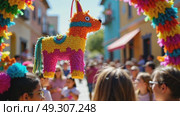 A close-up of a vibrant pinata hanging under a festive arch, decorated with colorful papel picado, as children gather around. Cinco de Mayo. Independence Day. Fiesta and festival vibes. Стоковое AI-видео, аниматор Sergey Grishin / Фотобанк Лори