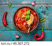 lecso dish of Hungarian cuisine. lecso national dish of Hungarian cuisine with pepper and meat. Стоковое фото, агентство Ingram Publishing / Фотобанк Лори