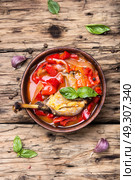 lecso dish of Hungarian cuisine. lecso national dish of Hungarian cuisine with pepper and meat. Стоковое фото, агентство Ingram Publishing / Фотобанк Лори