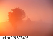 Haystacks and tree in misty autumn morning sunrise. Dawn over mountain fields. Стоковое фото, агентство Ingram Publishing / Фотобанк Лори