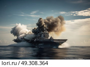 A battlecruiser ejects smoke and fire as it launches a volley from its deck-mounted guns, demonstrating naval firepower on the open ocean. Стоковое AI-изображение, AI-художник Данила Большаков / Фотобанк Лори