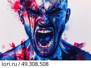 A watercolor painting depicting a man with his mouth wide open, seemingly screaming in distress. Стоковое AI-изображение, AI-художник Данила Большаков / Фотобанк Лори