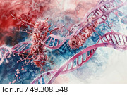 A detailed painting depicting a DNA strand, showcasing the double helix structure with different colored nucleotide bases. Стоковое AI-изображение, AI-художник Данила Большаков / Фотобанк Лори