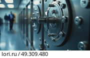 A close-up of a bank vault armored door. The background shows blurred figures of empty space. Professional security service, prevention of robbery and unauthorized access. Стоковое AI-видео, аниматор Sergey Grishin / Фотобанк Лори