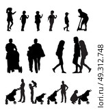 Mother with Pram and Children Silhouette Vector Illustration. Стоковая иллюстрация, агентство Ingram Publishing / Фотобанк Лори