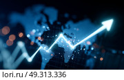 Visual representation of global market trends with upward trajectory and digital elements in dark background. Стоковое AI-изображение, AI-художник Сергей Толмачёв / Фотобанк Лори