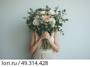 Floral Elegance A Stunning Collection of Creative and Unique Floral Face Art Photography. Цветочная элегантность Потрясающая коллекция креативных и уникальных цветочных фейс-арт фотографий. Стоковое AI-изображение, AI-художник Katsiaryna Repich / Фотобанк Лори