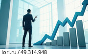 Economic collapse concept, businessman with falling financial graph chart due to global recession. Stock market crash, inflation, financial crisis, Falling income in GDP, capital return. Стоковое AI-изображение, AI-художник Sergey Grishin / Фотобанк Лори
