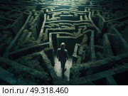 A man stands in the middle of a intricate maze, looking around to find the way out. Стоковое AI-изображение, AI-художник Данила Большаков / Фотобанк Лори