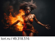 A black woman with dreadlocks stands on a fiery surface, showcasing strength and resilience. Стоковое AI-изображение, AI-художник Данила Большаков / Фотобанк Лори