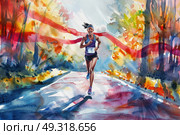 A watercolor painting depicting a woman sprinting along a marathon course, determined expression on her face, surrounded by cheering spectators. Стоковое AI-изображение, AI-художник Данила Большаков / Фотобанк Лори