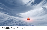 Emergency beacon glowing red in pure white snow. Life in permafrost conditions, climate change problems on the planet. Global warming. Стоковое AI-изображение, AI-художник ALLA YURTAYEVA / Фотобанк Лори