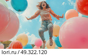 A woman is mid-air, jumping gracefully surrounded by colorful balloons. Стоковое AI-изображение, AI-художник Данила Большаков / Фотобанк Лори