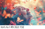 Elderly woman with white hair is standing among a group of butterflies. Стоковое AI-изображение, AI-художник Данила Большаков / Фотобанк Лори