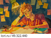 A man sits at a desk cluttered with numerous papers, engrossed in his work. Стоковое AI-изображение, AI-художник Данила Большаков / Фотобанк Лори
