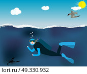 Underwater People, Cartoon  Scuba Diver. Concept of Extreme Diving Sport and Water Activity Vacation with Special Equipment. Vector Illustration EPS10. Underwater People, Cartoon  Scuba Diver. Concept of Extreme Divi. Стоковая иллюстрация, агентство Ingram Publishing / Фотобанк Лори