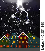 Night city, Blizzard. Lightning struck the roof of clouds. Risk fire. Lightning protection. Vector Illustration. EPS10. Night city, Blizzard. Lightning struck the roof of clouds. Risk . Стоковая иллюстрация, агентство Ingram Publishing / Фотобанк Лори