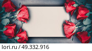 Red roses mock up banner on gray desktop background, top view.  Layout for Valentines day, dating and love greeting card, anniversary and invitations. Retro styled. Стоковое фото, агентство Ingram Publishing / Фотобанк Лори