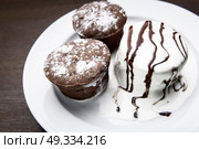 chocolate muffins with ice cream drizzled with chocolate topping. Стоковое фото, агентство Ingram Publishing / Фотобанк Лори