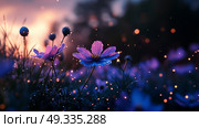 Beautiful flower field at dusk with gentle glow of fireflies illuminating vibrant petals and soft background landscape. Стоковое AI-изображение, AI-художник Сергей Толмачёв / Фотобанк Лори