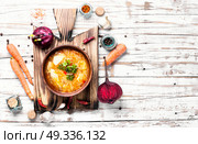 Ukrainian national borshch. Food of national Ukrainian cuisine. Borscht with meat and vegetables.Copy space. Стоковое фото, агентство Ingram Publishing / Фотобанк Лори