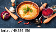 Ukrainian national food-borshch. Homemade food of national Ukrainian cuisine. Borscht with meat and vegetables. Стоковое фото, агентство Ingram Publishing / Фотобанк Лори