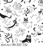 Playing dogs seamless pattern. Funny lap-dog, happy pug, mongrels and other breeds. Vector background for design. Playing dogs seamless pattern. Funny lap-dog, happy pug, mongrels and other breeds. Vector background for design. Стоковая иллюстрация, агентство Ingram Publishing / Фотобанк Лори