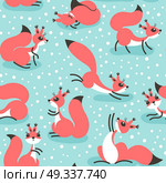 Little cute squirrels under snowfall. Seamless winter pattern for gift wrapping, wallpaper, childrens room or clothing.. Little cute squirrels under snowfall. Seamless winter pattern for gift wrapping, wallpaper, childrens room or clothing. Vector illustration. Стоковая иллюстрация, агентство Ingram Publishing / Фотобанк Лори