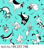 Playing dogs seamless pattern. Funny lap-dog, happy pug, mongrels and other breeds. Vector background for design. Playing dogs seamless pattern. Funny lap-dog, happy pug, mongrels and other breeds. Vector background for design. Стоковая иллюстрация, агентство Ingram Publishing / Фотобанк Лори