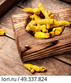 spice root turmeric. Root of the turmeric plant in a wooden mortar.Curcuma aromatica. Стоковое фото, агентство Ingram Publishing / Фотобанк Лори
