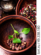 Different kinds of peppercorns.. Black,red and white pepper in clay bowl.Set of different peppers. Стоковое фото, агентство Ingram Publishing / Фотобанк Лори