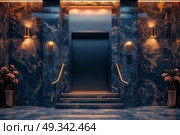 Luxurious modern elevator entrance in a marble-clad lobby. Роскошный современный лифт в вестибюле, отделанном мрамором. Стоковое AI-изображение, AI-художник Katsiaryna Repich / Фотобанк Лори